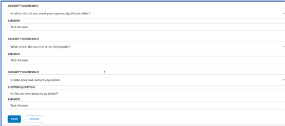 The Edit Security Questions page providing your current security questions and the answer to each question. You may enter your own question for one of the three security questions.