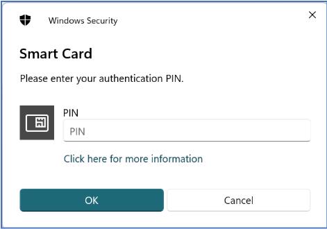 A Windows Security Smart Card window displaying a field to enter your PIV/CAC PIN. There are also buttons to confirm your entry (OK button) and one to cancel your authentication attempt.
