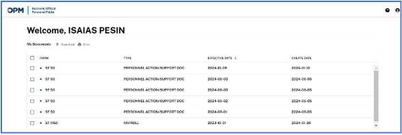 The employee view home page. This page displays your name at the top of the screen. It contains a list of documents stored in your OPF with a checkbox next to each document. There are also buttons for downloading and printing your documents. At the top right, there are icons for submitting a help desk support request and for viewing your eOPF account profile.