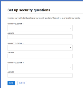 Set up security questions page containing fields for selection of three different questions and for entry of your answer to each selected question. You may choose to enter a custom question for one of your three questions.