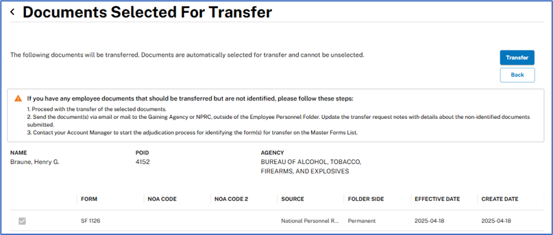 Documents Selected for Transfer page showing the documents that will be transferred, with Transfer and Back buttons on the right.