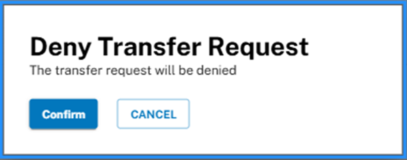 Deny Transfer Request confirmation pop-up with Confirm and Cancel buttons.