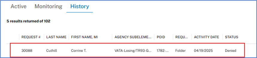 Task List with the History tab selected, showing the transfer request with a status of Denied.