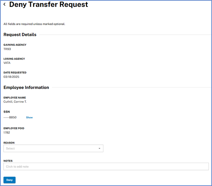 Deny Transfer Request screen showing request details, employee information, a Reason dropdown, a Notes field, and a Deny button.