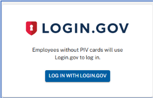 Login.Gov tile within the eOPF login page. There is a Log In with Login.gov button at the bottom of the tile which when clicked will take the user to the login.gov application.