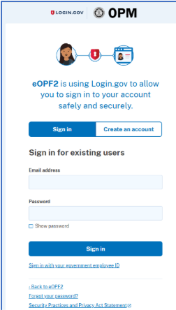 Sign in for existing users on the login.gov website. You may sign into an existing account or create a login.gov account from this page.