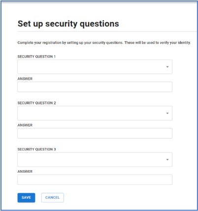 Set up security questions page containing fields for selection of three different questions and for entry of your answer to each selected question. You may choose to enter a custom question for one of your three questions.