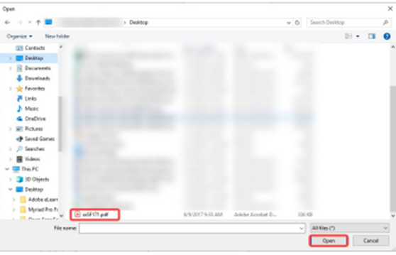 File selection window showing a PDF file selected and the Open button in the lower right.