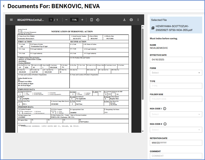 Uploaded file preview displayed, with the document image on the left and file details fields on the right.