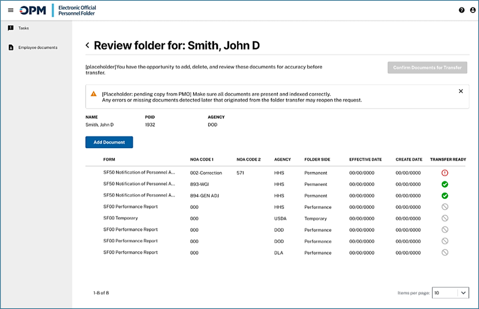 Review Folder For screen showing the employee’s document list for review before transfer.