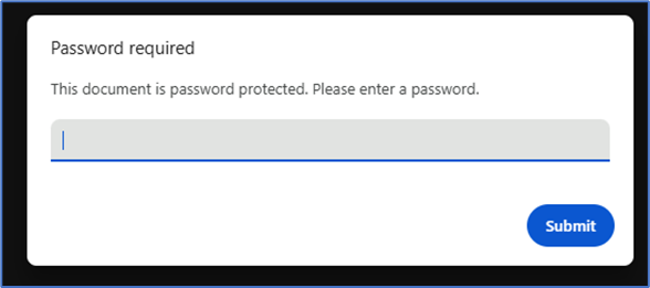 Password required pop-up stating that the document is password protected, with a password entry field and Submit button.