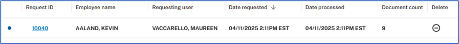Print Status grid with the Request ID displayed as a link to download the completed print request.