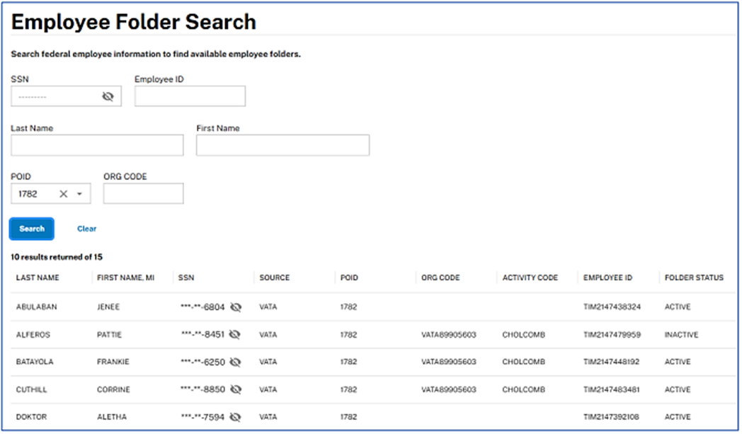 Employee Folder Search page with fields to search by SSN, employee ID, name, POID, organization, form type, dates, and folder status. Search results appear in a table at the bottom; this example currently shows no results found.