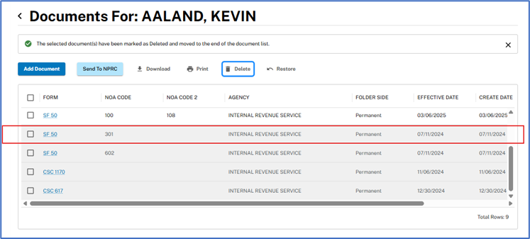 Documents screen with a confirmation message stating the selected documents have been marked as deleted and moved to the end of the document list.