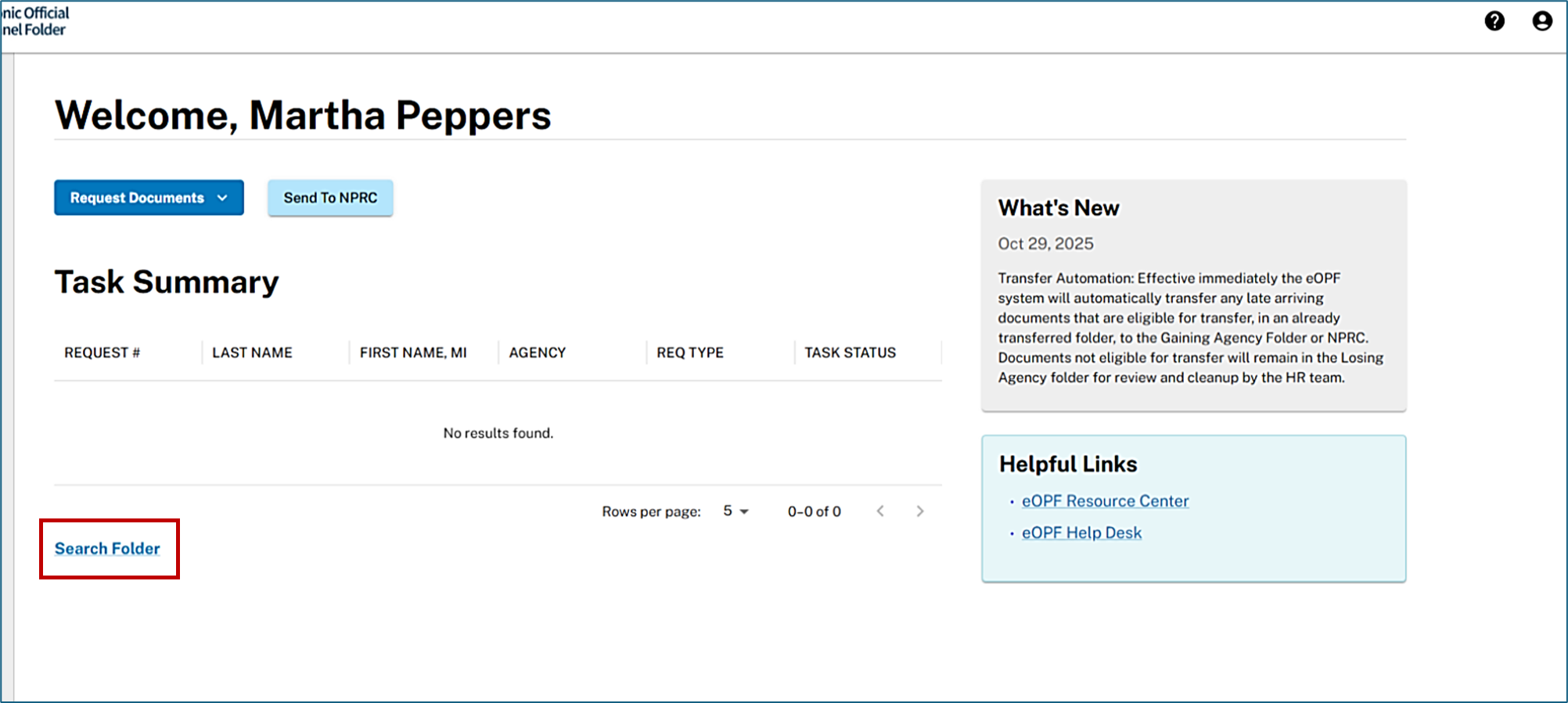 Home page with the Search Folder link displayed below the Task Summary section for roles that include that option.