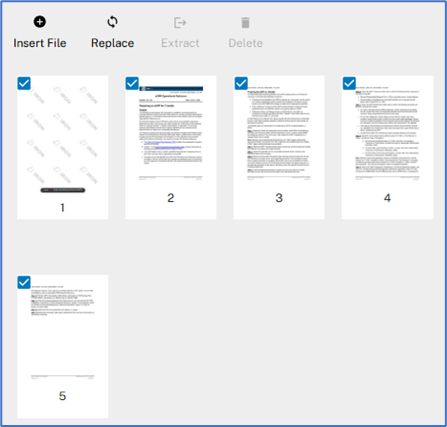 PDF page thumbnail view with all pages selected and the Delete button disabled above the preview.