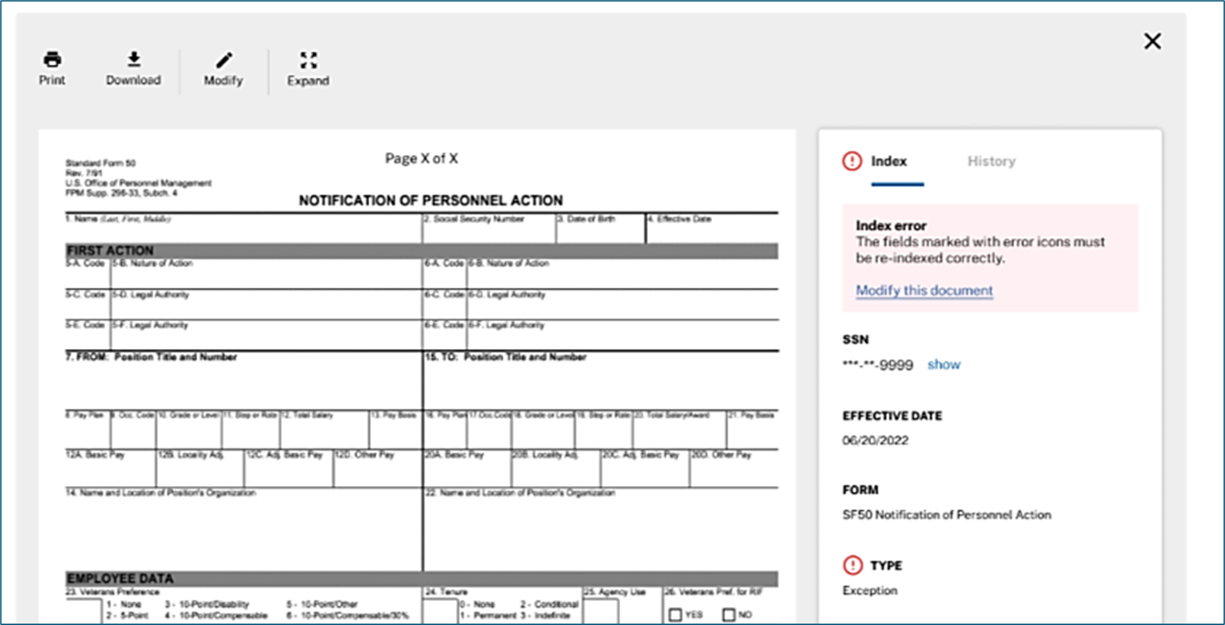 Document viewer showing a toolbar in the upper left that includes the Modify button.