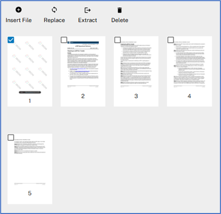 Screen showing 5 pages contained within the selected document. The first page on the left has a blue checkmark indicating it is selected. 