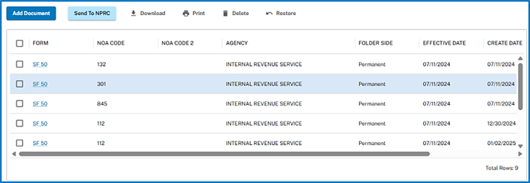 Documents list with checkboxes beside each row and a Delete button above the table.