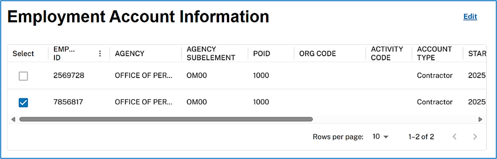 Employment Account Information section showing multiple employment records with checkboxes for selection, one employment selected.