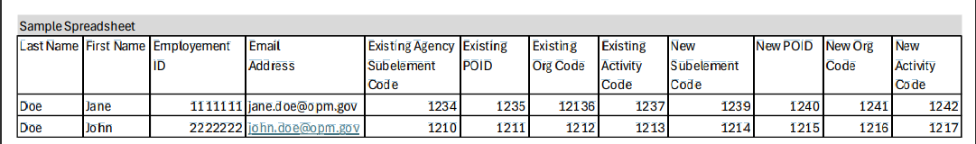Sample spreadsheet template listing employee identifiers and existing vs. new agency, POID, org, and activity codes.