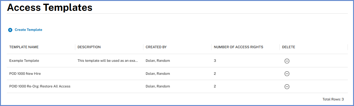 Access Templates screen listing available templates in a table.