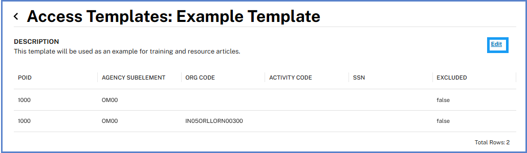 Access template details page for Example Template with the Edit button highlighted in the upper-right corner.