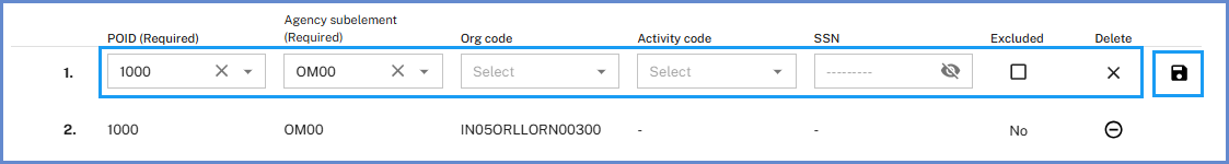 Editable access row with updated fields and the Save icon highlighted at the far right.