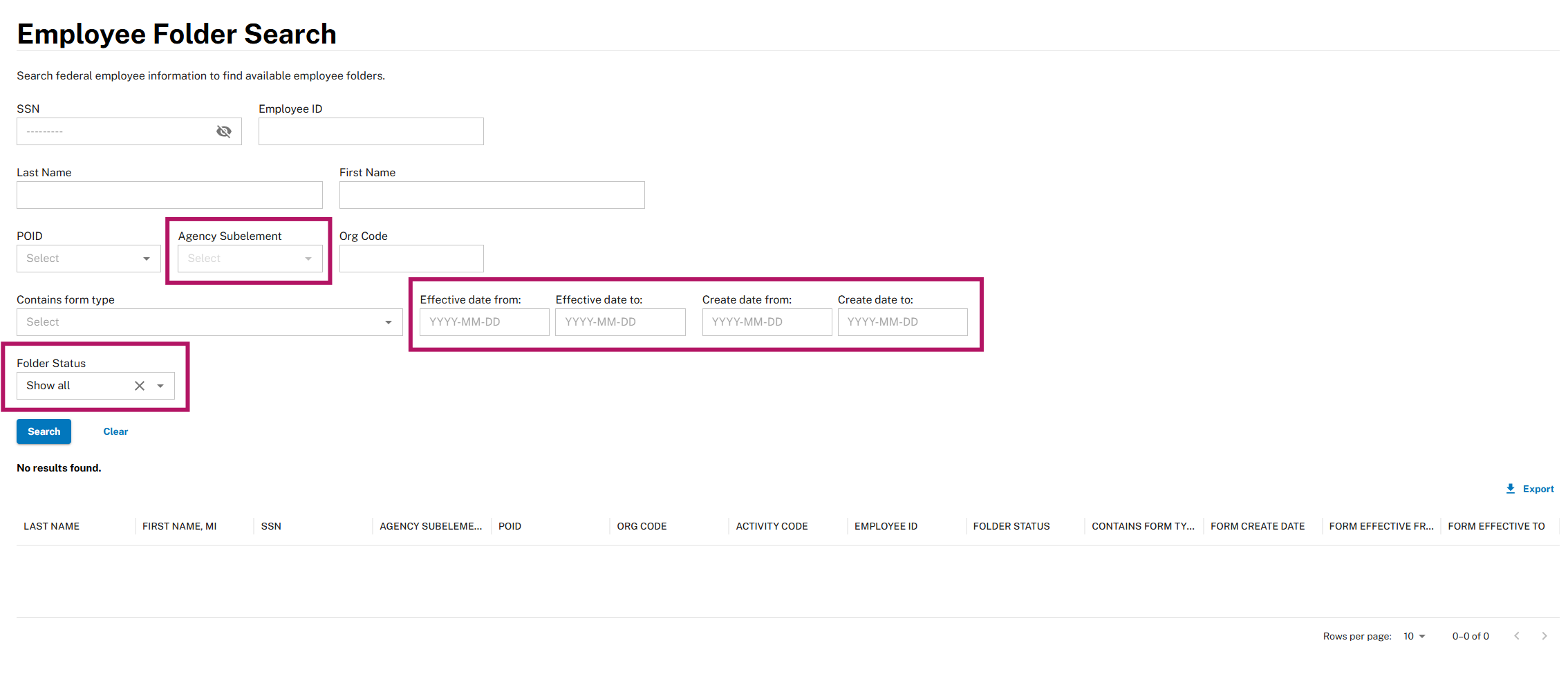 Employee folder search screen indicating where users can find Agency Subelement dropdown, Folder Status dropdown, and date fields.