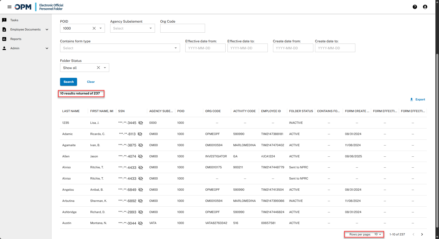 Employee Folder Search page indicating number of results returned and number of rows per page selected.