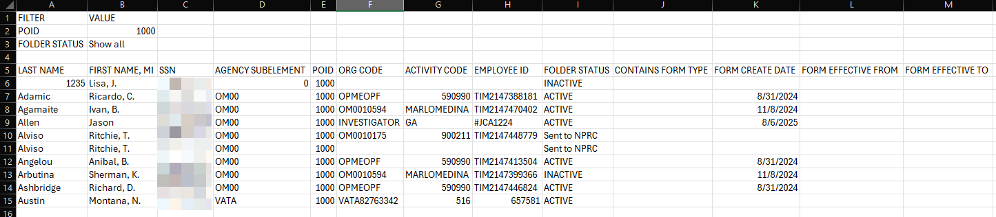 Example export CSV file showing 10 results returned.