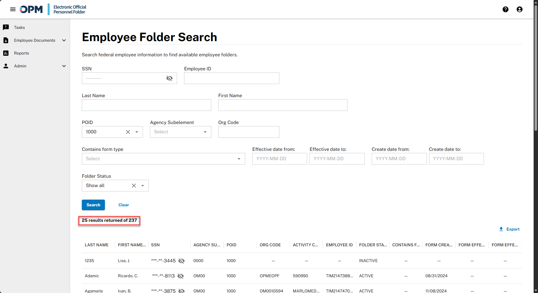 Employee Folder Search page indicating number of results returned.