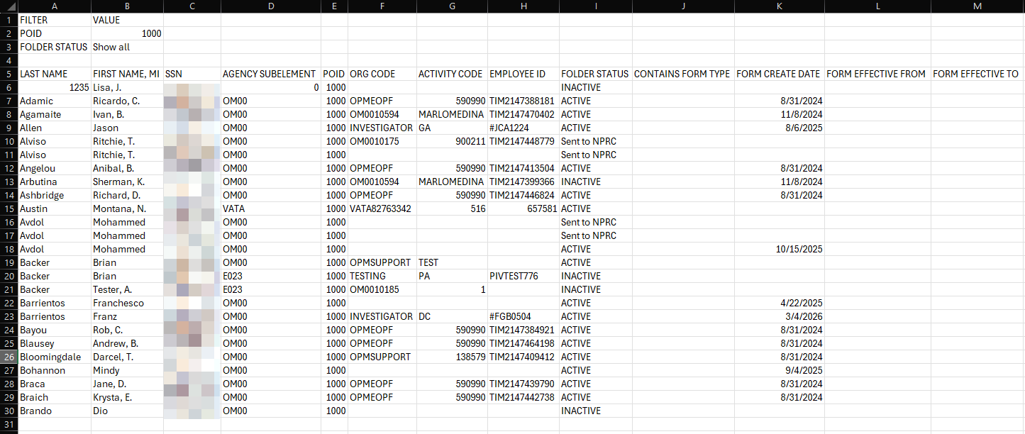 Example export CSV file showing 25 results returned.