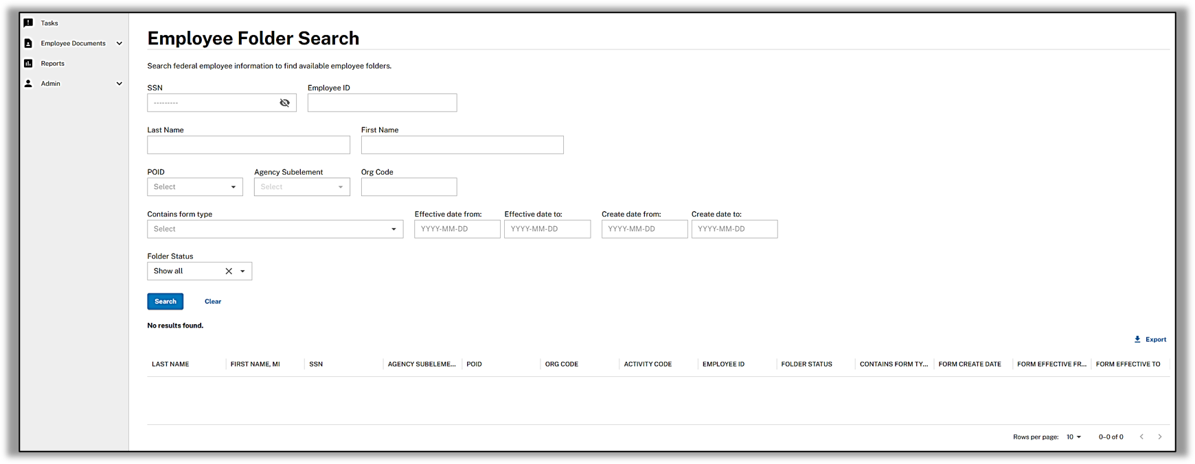 Employee Folder Search page with fields to search by SSN, employee ID, name, POID, organization, form type, dates, and folder status. Search results appear in a table at the bottom; this example currently shows no results found.