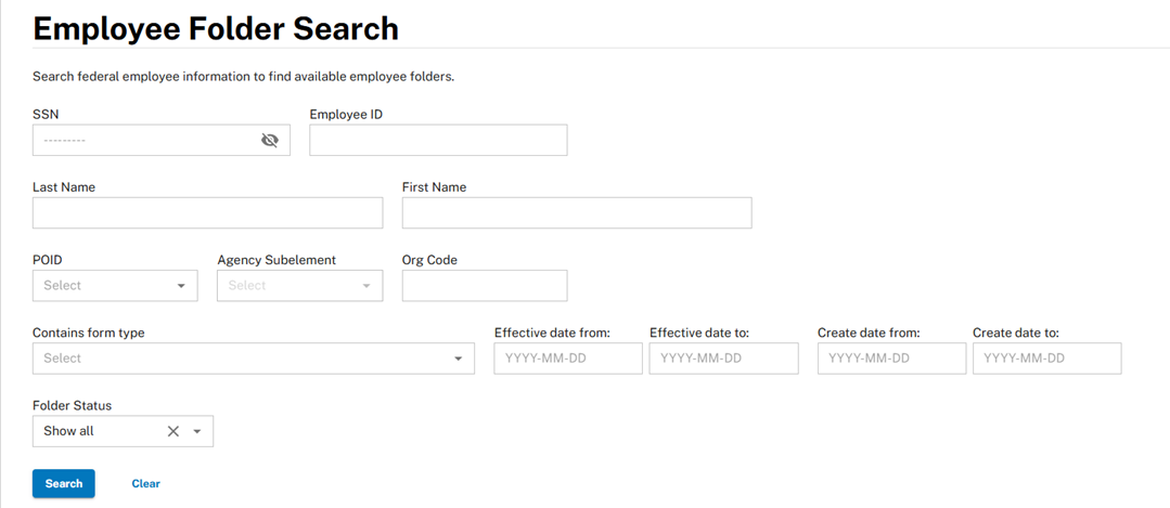 Employee Folder Search page with fields to search by SSN, employee ID, name, POID, organization, form type, dates, and folder status. Search results appear in a table at the bottom; this example currently shows no results found.