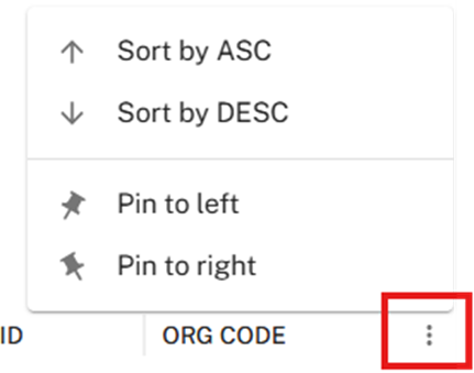 Column options menu showing Sort by ASC and Sort by DESC choices for changing the folder list order.