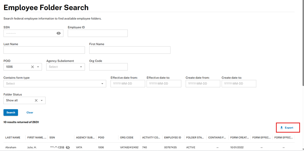 Employee Folder Search screen with matching results displayed and the Export button highlighted in the lower right for exporting the results to a CSV file.