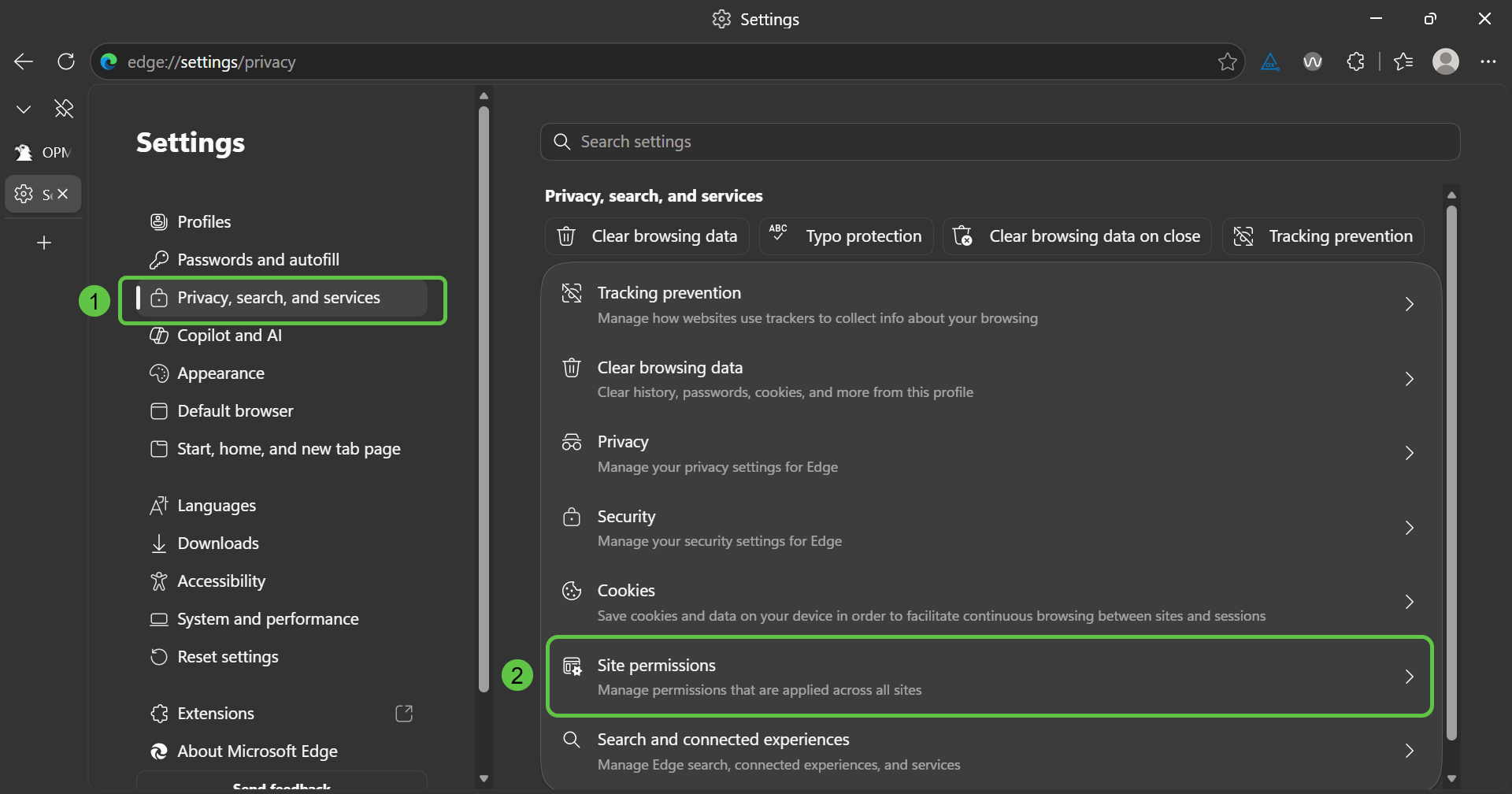 Microsoft Edge Settings page with Privacy, search, and services selected and Site permissions highlighted.