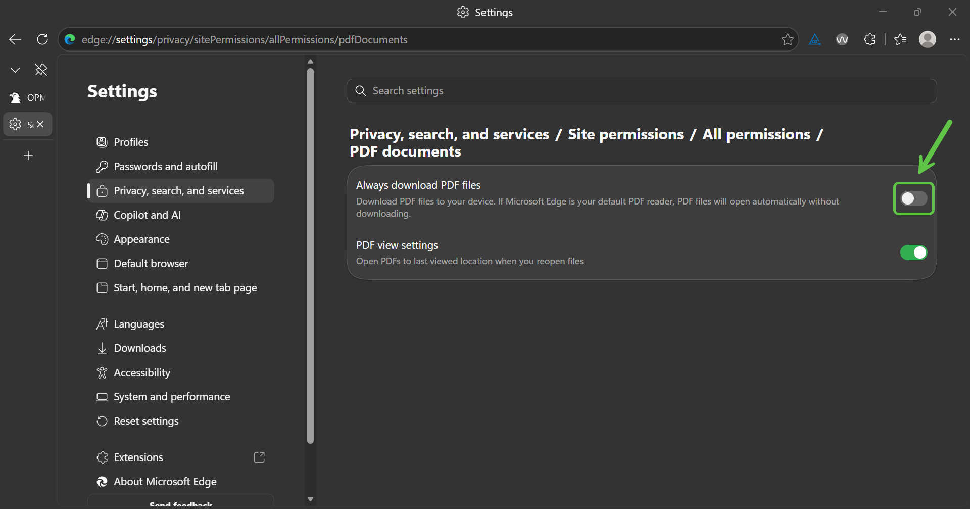 Microsoft Edge PDF documents settings page with the Always download PDF files toggle shown in the off position.