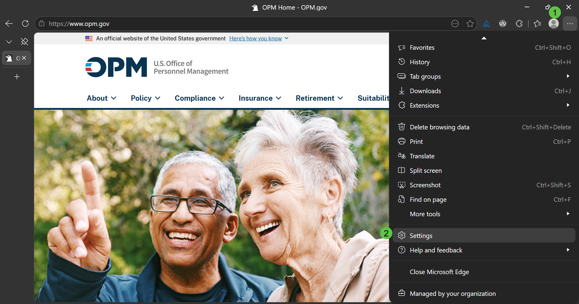 Microsoft Edge menu open with the Settings option highlighted. Numbered callouts identify the three-dot menu button and the Settings option.
