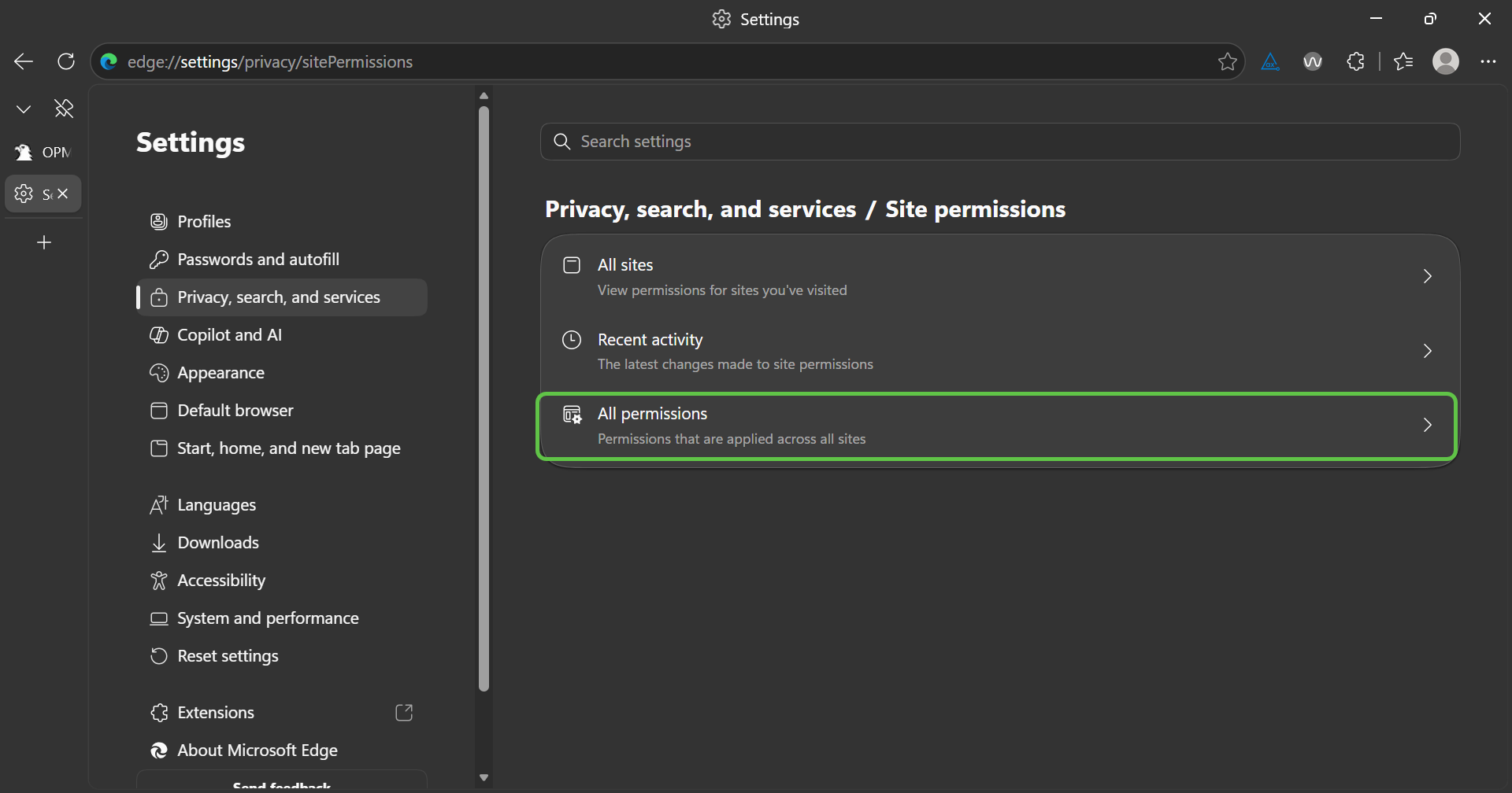 Microsoft Edge Site permissions page with All permissions highlighted.
