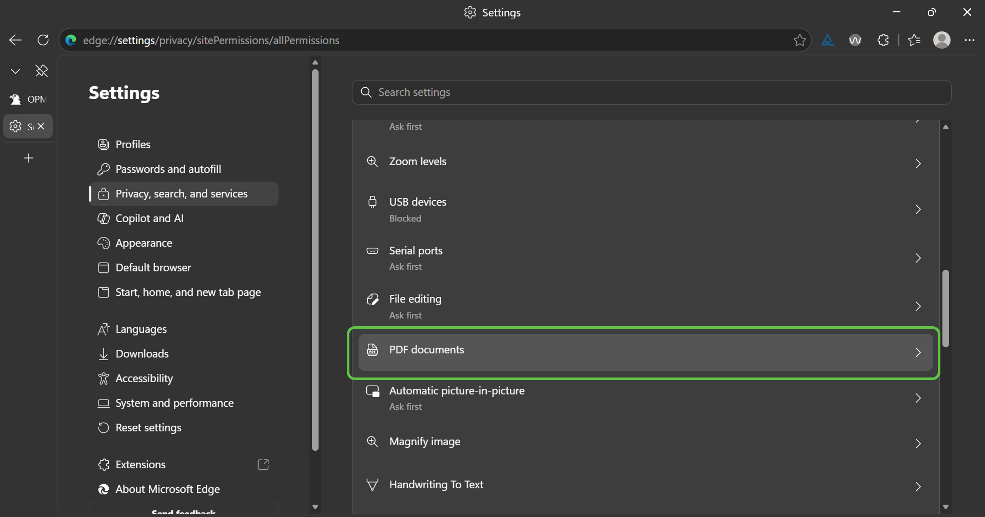 Microsoft Edge All permissions page with PDF documents highlighted.