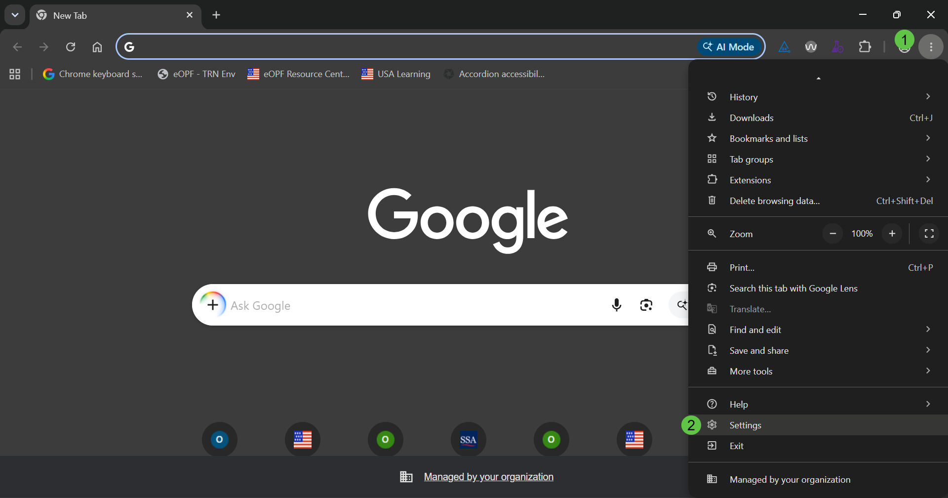Google Chrome menu open with Settings highlighted. Numbered callouts identify the three-dot menu button and the Settings option.