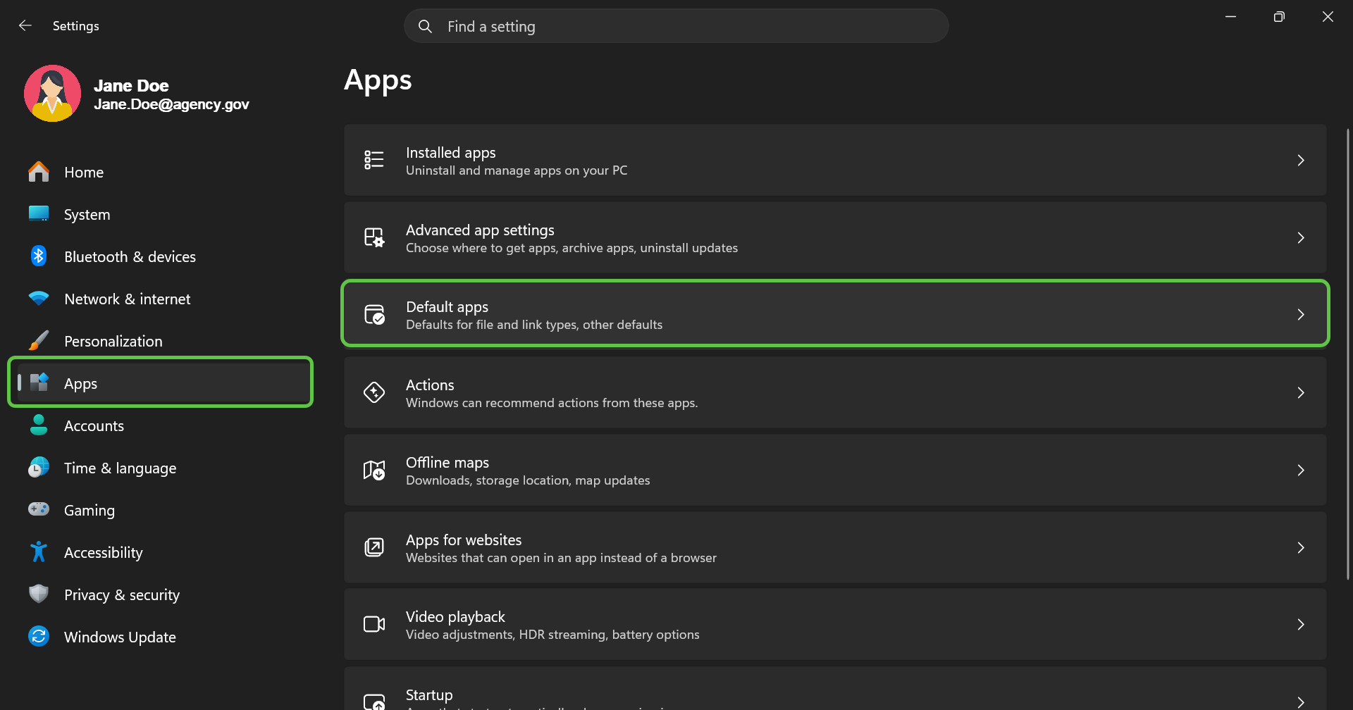 Windows Settings Apps page with Apps selected and Default apps highlighted.