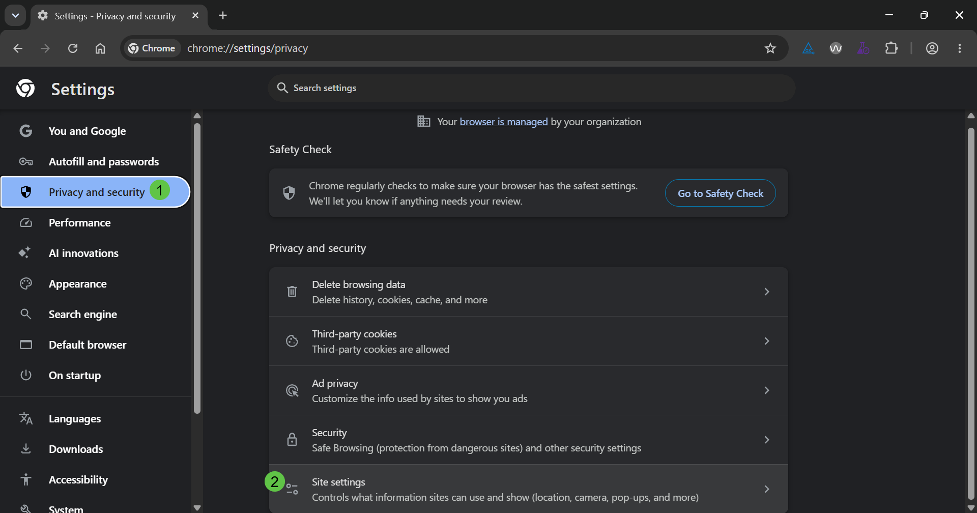 Chrome Settings page with numbered callouts identifying Privacy and security and Site settings.