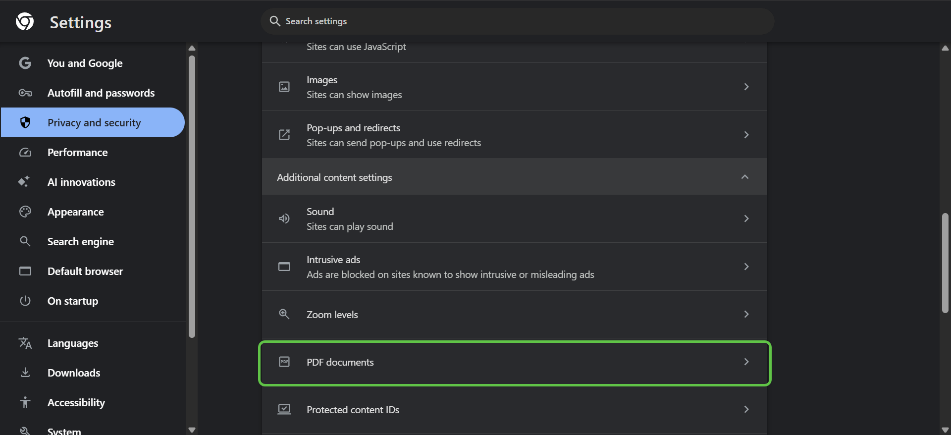 Chrome Site settings page with PDF documents highlighted under Additional content settings.
