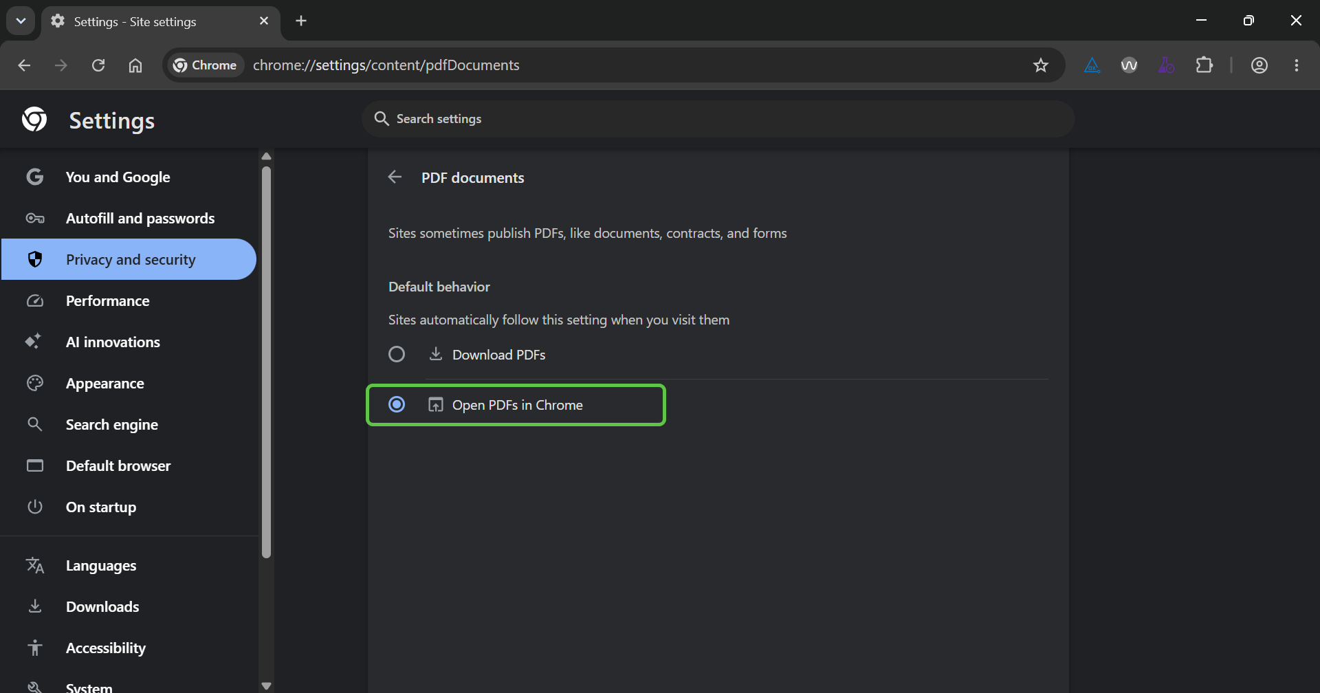 Chrome PDF documents settings page with Open PDFs in Chrome selected.