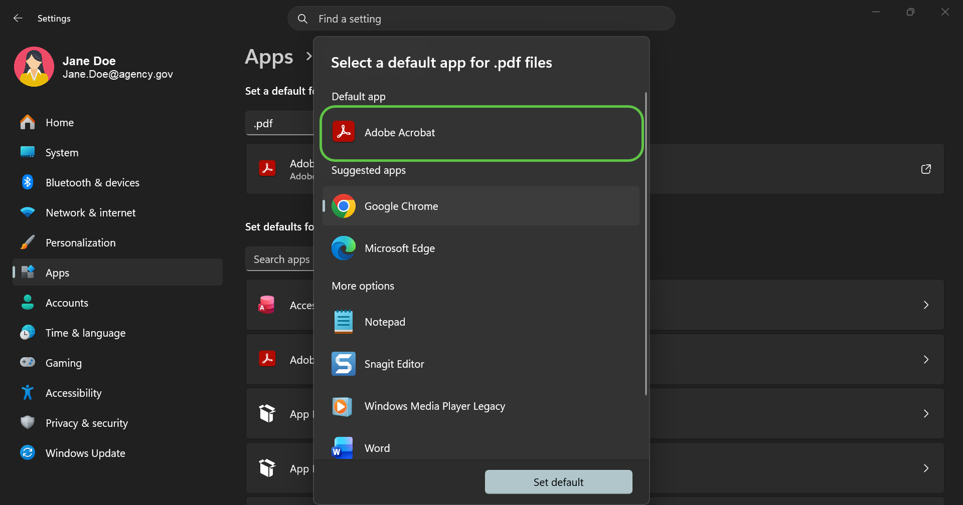 Windows Default apps dialog for .pdf files with Adobe Acrobat selected.