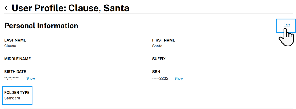 User Profile page showing the employee’s folder type as Standard and the Edit link in the upper-right corner.