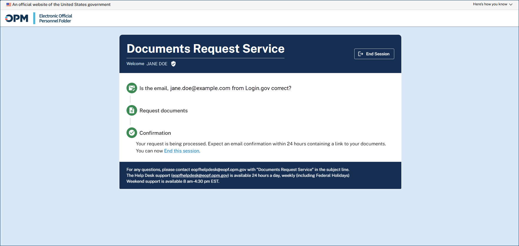 Documents Request Service confirmation step stating the request is being processed and that an email confirmation with a document link is expected within 24 hours. The page includes an End Session option.